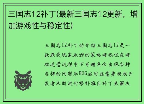 三国志12补丁(最新三国志12更新，增加游戏性与稳定性)